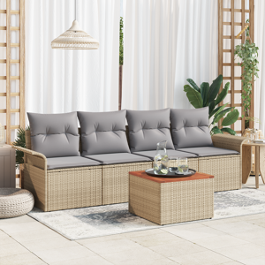 vidaXL 5-delt hagesofa-sett med puter Beige Poly Rattan Akacia