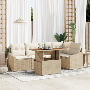 vidaXL 6-delt hage spisebordsett med puter Beige Poly Rattan Akasie