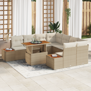vidaXL 9 Personers Hage Spisebordsett med Puter Beige Poly Rattan Akasie