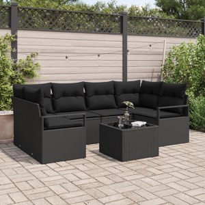 vidaXL 7-Deler Hage Sofa Sett med Puter Svart PE Rattan