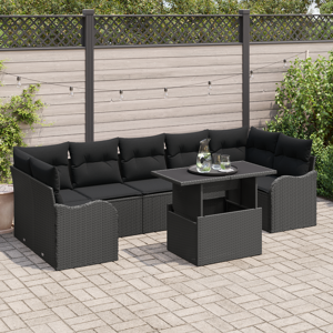 vidaXL 8-delt Hagesofa Sett med Puter Svart Polyrotting