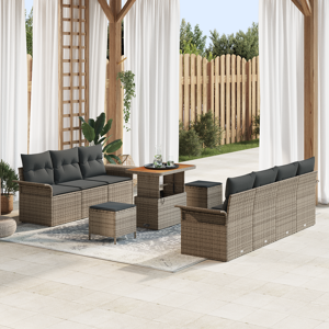 vidaXL 10 Stykke Hagesofa Sett med Puter Grå Poly Rattan Akasiatre