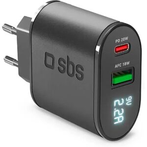 SBS 20W LCD Skjerm Vegglader med USB-C PD & USB-A AFC - Svart