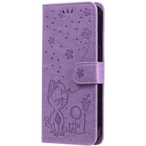 INCOVER iPhone 15 Pro Flip Deksel i Skinn med Lommebok og Stropp - Kattegravering - Lilla