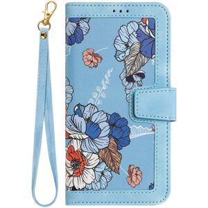 INCOVER iPhone 15 Pro Leather Flip Cover med Lommebok og Stropp - Lyseblå med Blomster