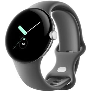 Google Pixel Watch - Polert sølv - smartklokke med bånd - fluorelastomer - trekull - båndbredde: L - 32 GB - Wi-Fi, NFC, Bluetooth - 36 g