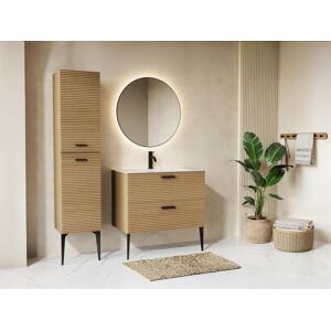 Vente-unique Móvel de casa de banho estriado com pés, lavatório de encastrar e coluna - 2 gavetas - Natural claro - 80 cm - SARONE