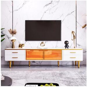 Móvel TV 170 cm em mármore branco, com iluminação LED, com 4 gavetas e 2 portas em vidro temperado castanho, 4 puxadores dourados, adequado para sala, quarto e corredor - 170x37x47,5 cm