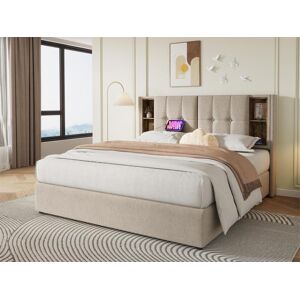 ModernLuxe Cama estofada 180x200 cm - com carregamento sem fios e cabeça de arrumação - tecido de linho - Bege