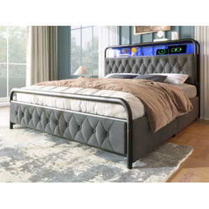 ModernLuxe Cama 160x200cm com gavetas + LED + Portas de carregamento - estofada em veludo - com estrado de metal - Cinza