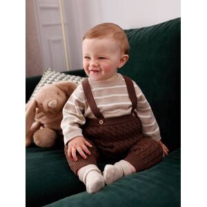 VERTBAUDET Conjunto camisola às riscas e calças com alças, em tricot com torcidos, para bebé chocolate