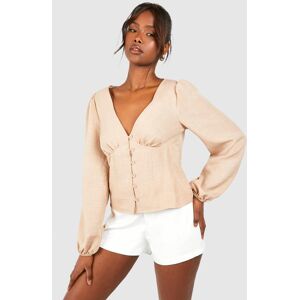 boohoo Linen Button Detail Long Sleeve Blouse, Beige 6