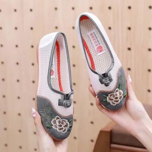 WTEMPO Broderade tygskor Gummi Mjuk sula Halkfria Ballerinaskor Dam Andningsbar Mesh Mamma Skor Gamla Peking Tygskor 35 grå