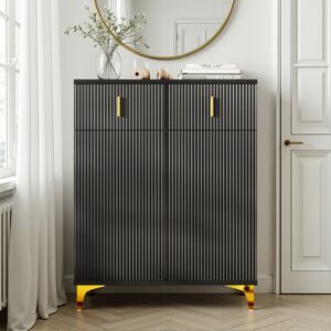 Fairmont Park Modern Ribbed Sideboard With Door Cabinet & 2 Drawers, Accent Buffet Cabinet With Adjustable Shelves, Shoe Cabinet With Gold Details Black 101cm H X 83cm W X 35cm D