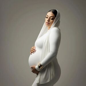 NONE Maternity Photography Dress White Long Sleeve Pregnant Gown with Veil Soft Stretch Baby Bump Photo Shoot Outfit