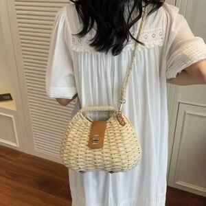 NONE Elegant Straw Woven Shoulder Bag Metal Buckle Solid Color Boho Crossbody Bag Eco-Friendly All-match Wicker Rattan Handbag