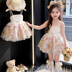 NONE Girls Floral Camisole Dress 2026 New Summer Girls Baby Fluffy Dress Butterfly Birthday Princess Dress