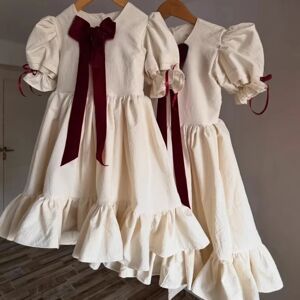 NONE Girls Skirt 2026 Spring and Summer New Childrens Clothes Girls Baby French Cotton and Linen Bow Bubble Sleeve Princess Dress