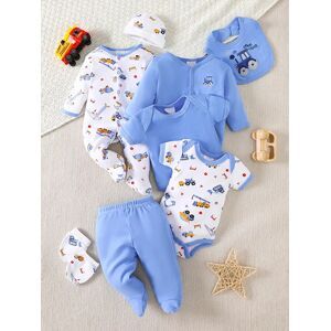 NONE 8-Piece Baby Romper Set 100% Cotton, Soft & Breathable Blue Cartoon Construction Vehicle Design For 0-9 Months Infants