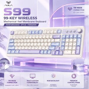 AULA S99 Tri-Mode Silent Membrane Keyboard RGB 99 Keys Bluetooth 2.4G Wired Ergonomic Gaming Keyboard For Mac Windows Laptop PC