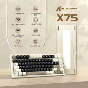 ATTACK SHARK X75 VIA with Full Aluminum Wireless Mechanical Gaming Keyboard,Bluetooth/2.4Ghz/USB-C Wired,Hot-Swap Pre-lubed Linear Switch RGB,75% QWERTY Layout with Five-Layer Padding
