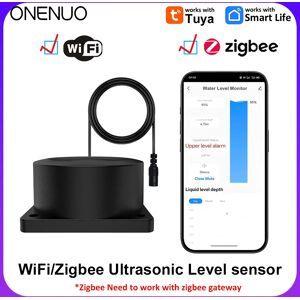 ONENUO Tuya App WiFi or ZIgbee Wireless Liquid Monitor Sensor Ultrasonic Depth Wireless Gauge Water Tank Level Sensor