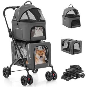 Costway Double Pet Stroller Foldable 3-in-1 Dog Stroller with 2 Detachable Carriers-Gray