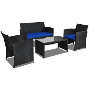 Costway 4 Pcs Wicker Conversation Furniture Set Patio Sofa and Table Set-Navy