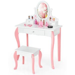 Costway Kids Vanity Princess Makeup Dressing Table Stool Set with Mirror and Drawer-White