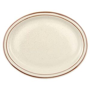 "Libbey DSD-14 13 1/4"" x 10 1/8"" Oval Desert Sand Platter - Speckled, (2) Brown Bands, White"