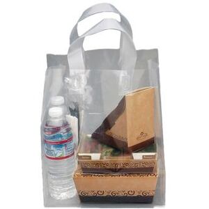 "LK Packaging TO96116 Fast Take Poly Take Out Bag w/ Handles - 9 3/4"" x 6 1/4"" x 11 1/2"", Clear, 3 mil"