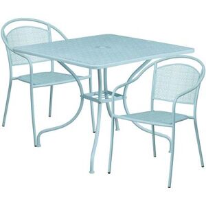 "Flash Furniture CO-35SQ-03CHR2-SKY-GG 35 1/4"" Square Patio Table & (2) Round Back Arm Chair Set - Steel, Sky Blue"