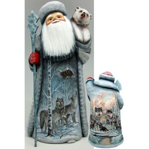 G.DeBrekht Woodcarved and Hand Painted Signature Wolf Santa and Hand Painted Figurine - Multi