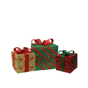 Northlight Set of 3 Lighted Sparkling Gold Green and Red Sisal Gift Boxes Christmas Outdoor Decorations - Multi