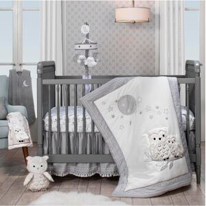 Lambs & Ivy Luna White/Gray Celestial Owl 4-Piece Nursery Baby Crib Bedding Set - Gray