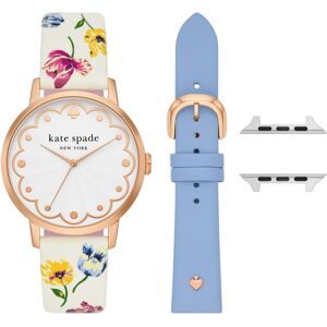 kate spade new york Women's Three Hand Quartz White Floral and Blue Leather Cross-Compatible Bands for Apple Watch, 38, 40, 41mm with Classic Watch He