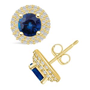 Macy's Sapphire (2 Ct. t.w.) and Diamond (1/2 Ct. t.w.) Halo Stud Earrings - Gold