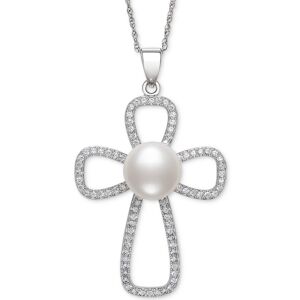 Belle de Mer Cultured Freshwater Button Pearl (10mm) & Cubic Zirconia Cross 18