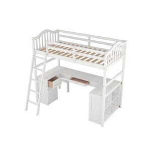 Simplie Fun Twin Size Loft Bed With Drawers, Cabinet, Shelves And Desk, Wooden Loft Bed With Desk - White