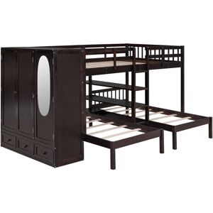 Simplie Fun Full-Over-Twin-Twin Bunk Bed With Shelves, Wardrobe And Mirror - Espresso