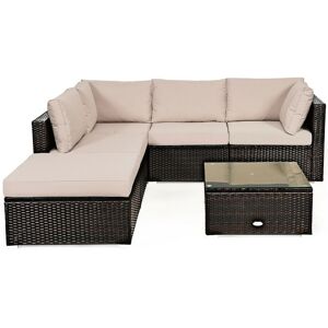 Costway 6PCS Outdoor Patio Rattan Furniture Set Cushioned Sectional Sofa - Beige Khaki