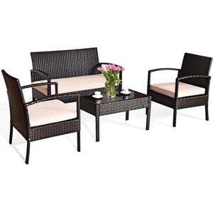 Costway 4PCS Patio Rattan Conversation Furniture Set Cushioned Seat Glass Table - Beige