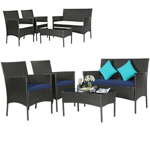 Costway 4PCS Patio Wicker Furniture Set Coffee Table Cushions - Navy