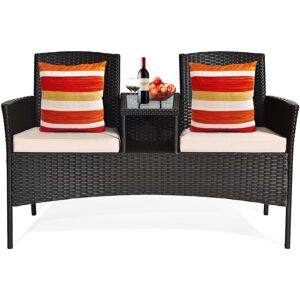 Gymax Patented Cushioned Rattan Wicker Patio Conversation Set Loveseat Table - Light beige+mix brown
