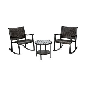 Slickblue 3 Pieces Patio Rattan Furniture Set with Coffee Table and Rocking Chairs - Dark Brown