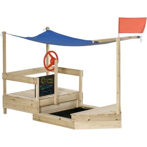 Outsunny Kids Wooden Sandbox Foldable Design, w/ Canopy, Seats, Flag, - Natural