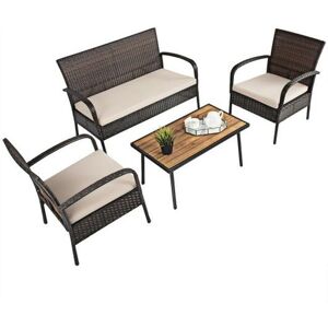 Slickblue 4 Pieces Patio Cushioned Wicker Conversation Set with Acacia Wood Tabletop - Beige