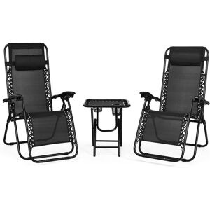 Sugift 3 Pieces Folding Portable Zero Gravity Reclining Lounge Chairs Table Set - Black