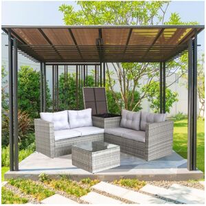 Simplie Fun 4 Piece Patio Sectional Wicker Rattan Outdoor Furniture Sofa Set with Storage Box Grey - Grey