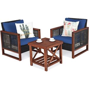 Costway 3PCS Patio Wicker Furniture Set Solid Wood Frame Cushion Sofa w/ Square Table Shelf - Navy